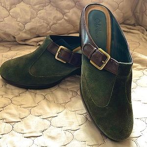Designer Cole Haan green suede mules with brass buckle sz 9.5